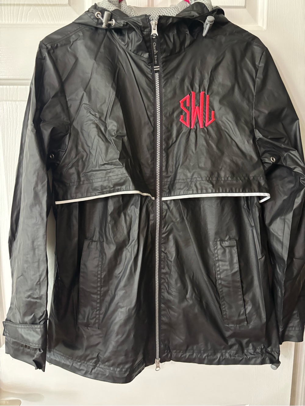 Charles River Apparel Black Hooded Rain Trench with Red Monogram